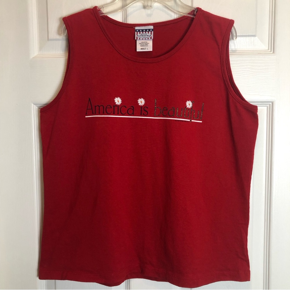 Genuine Sonoma Jean Company Vintage Red AMERICA IS BEAUTIFUL Sleeves Top. Size L